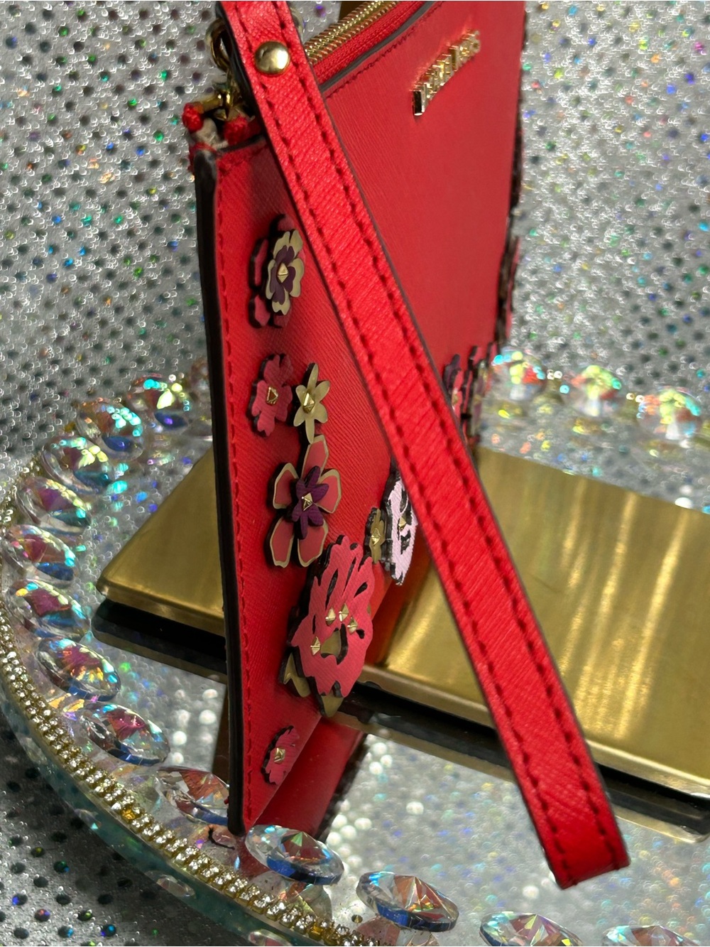 Michael Kors Reddish Orange Floral Appliqué Saffiano Wristlet Approx. 10 x 6 - Picture 4 of 16